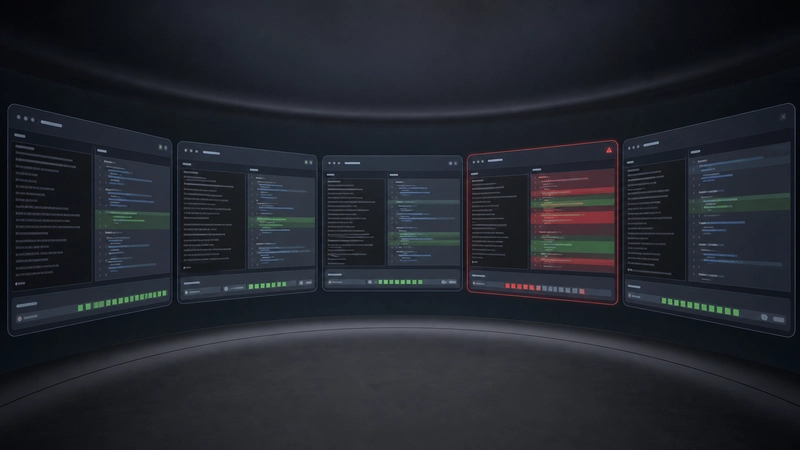 Five virtual agent workspaces with one suspicious diff highlighted